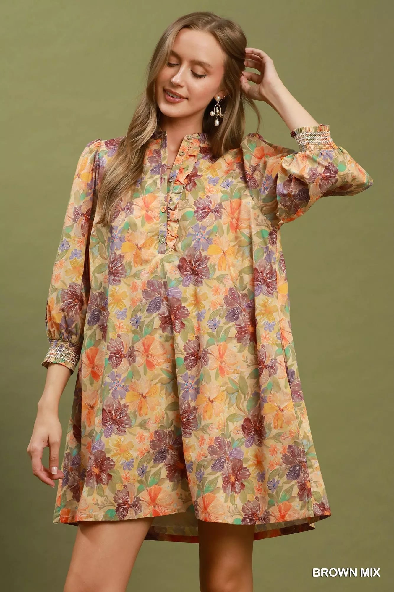 YSONA Umgee Mix Floral Print Smocked Cuff Mini Dress — front view | Women's Dress | Shop YSONA