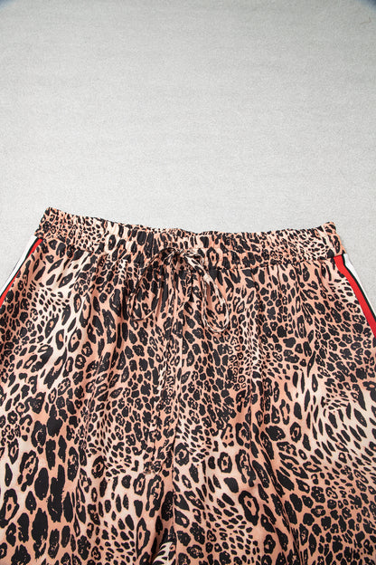 Khaki Leopard Print Colorblock Side Stripes Wide Leg Full Length Plus Size Pants