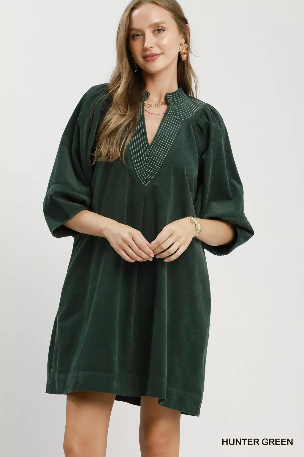 YSONA Umgee Corduroy V-Neck Puff Sleeve Shift Dress with Pockets — front view | Women's Dress