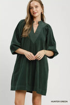 YSONA Umgee Corduroy V-Neck Puff Sleeve Shift Dress with Pockets — front view | Women's Dress