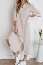 YSONA Stripe Frilled Collar Half Sleeve Shirt Dress — model wearing | Women's Dress | Shop YSONA