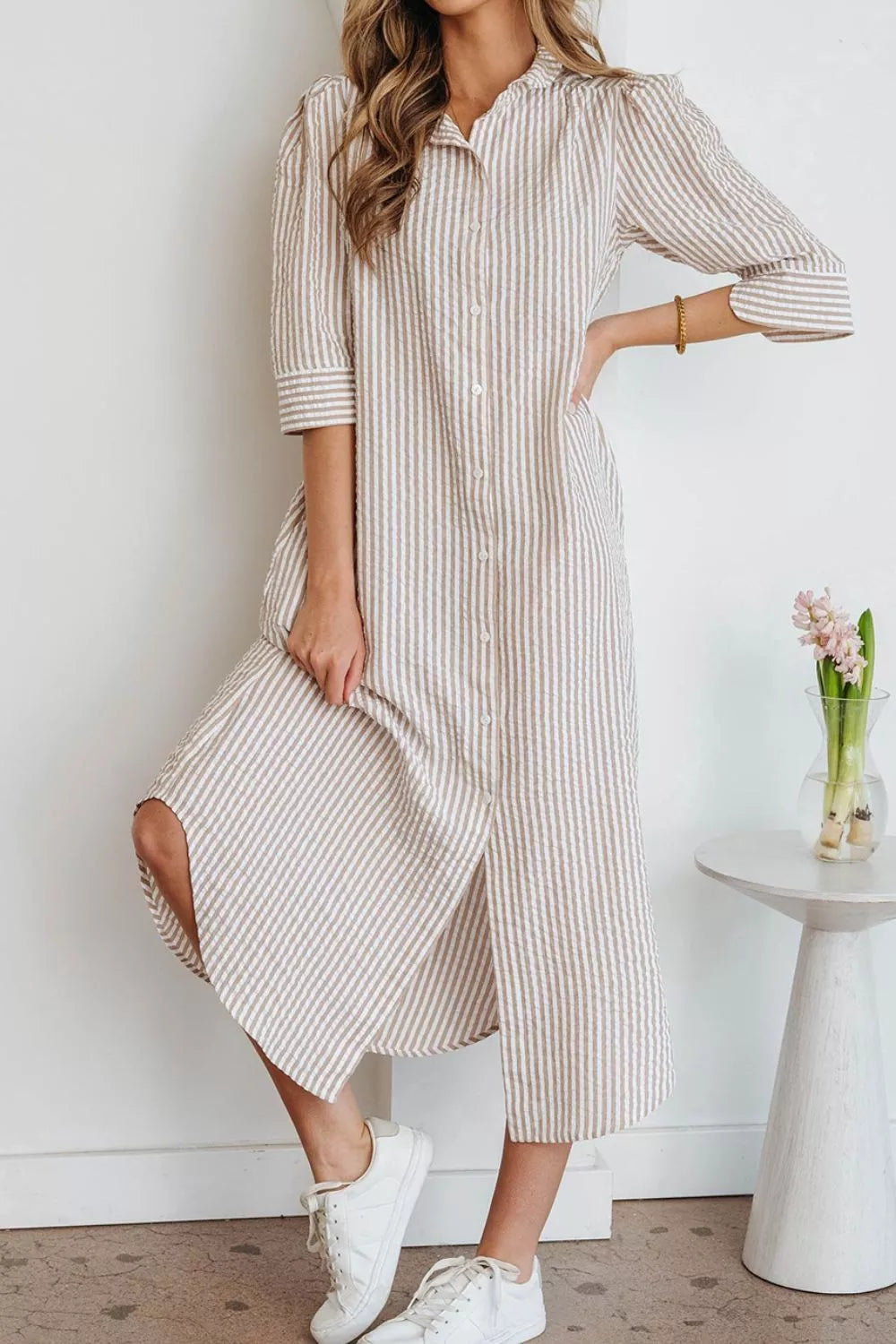 YSONA Stripe Frilled Collar Half Sleeve Shirt Dress — model wearing | Women's Dress | Shop YSONA