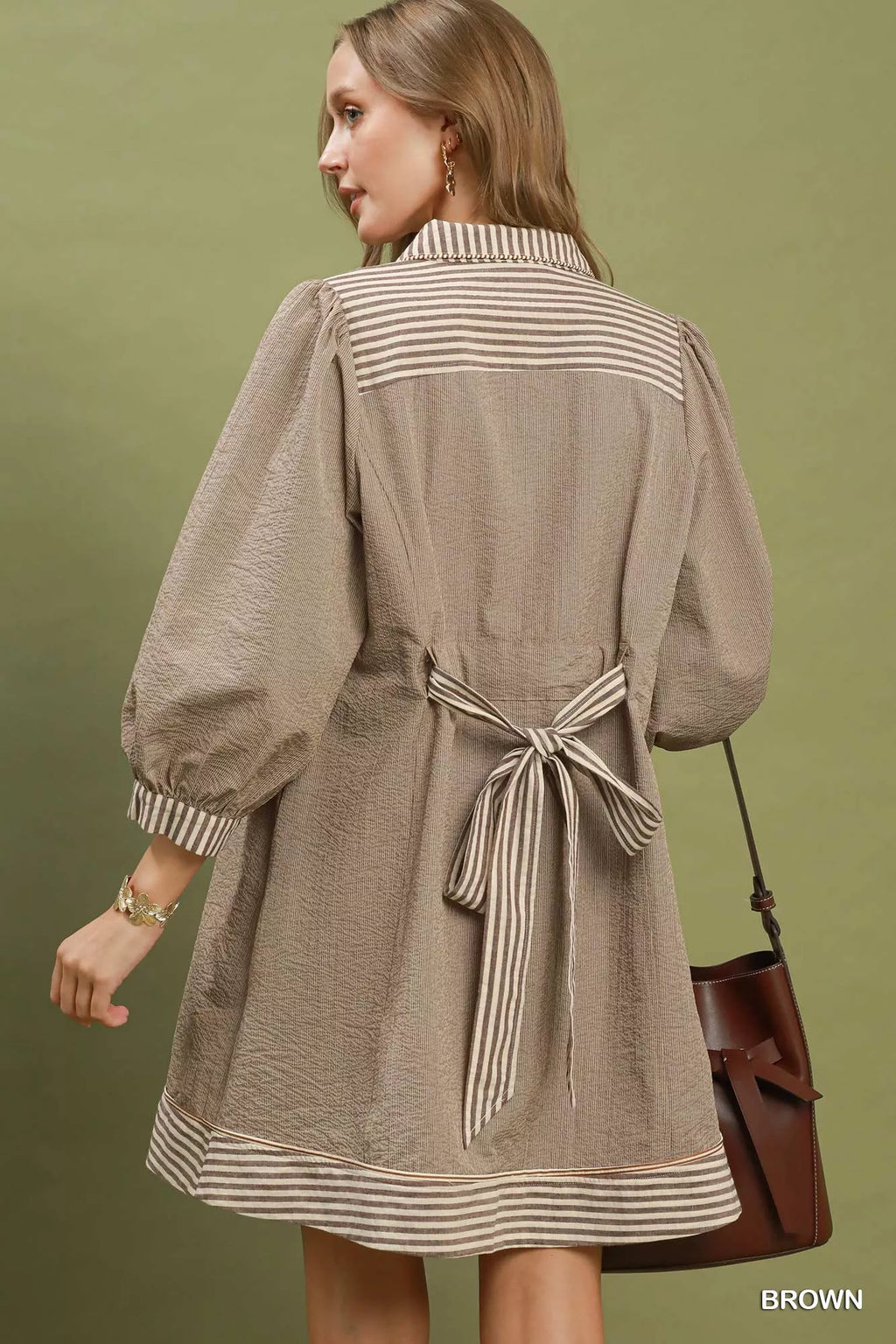 YSONA Umgee Striped Contrast Belted Puff Sleeve Mini Dress — side view | Women's Dress | Shop YSONA