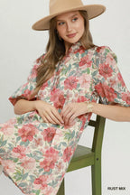 YSONA Umgee Mix Floral Print Smocked Cuff Mini Dress — detail view | Women's Dress | Shop YSONA