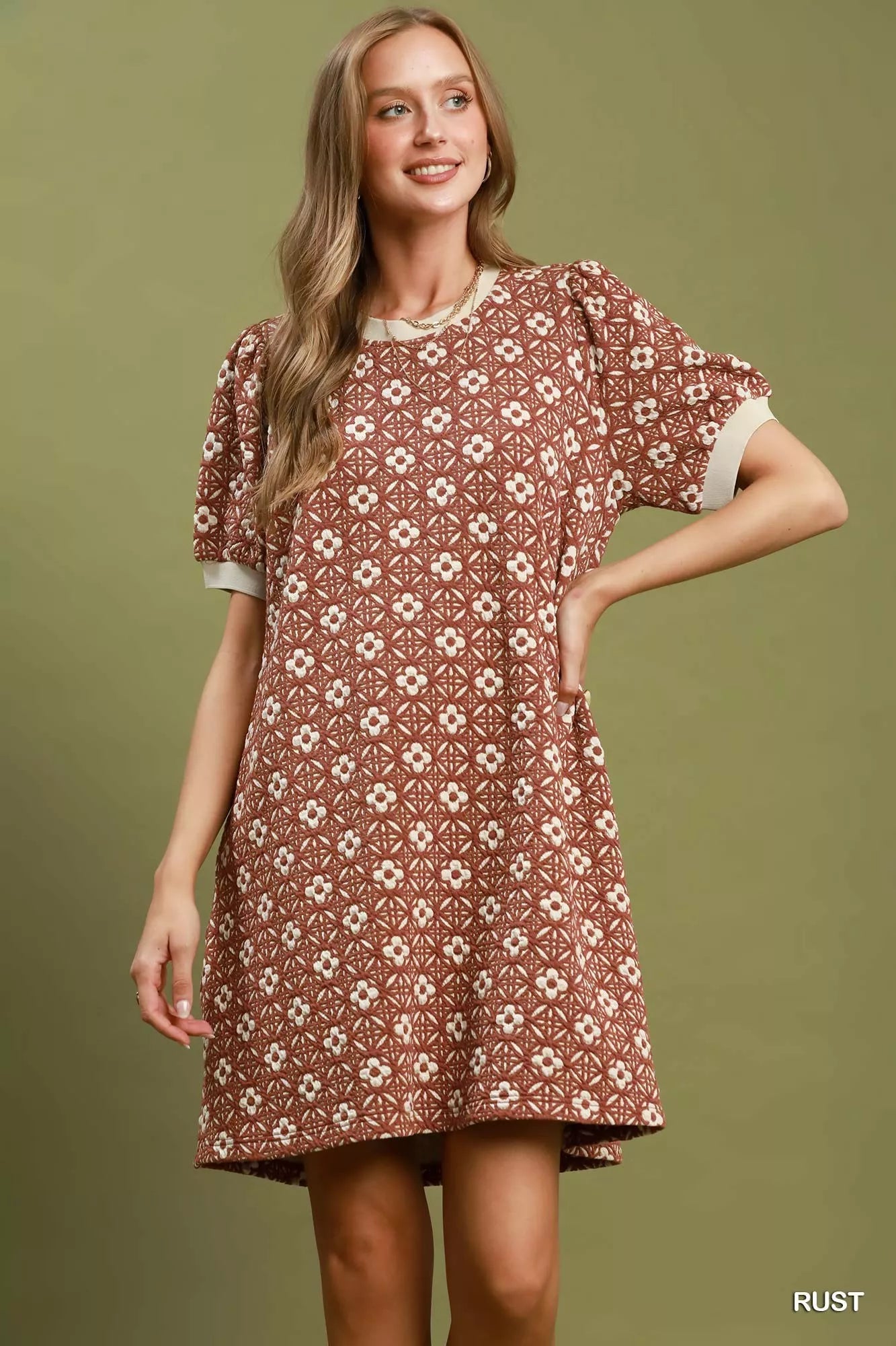 YSONA Umgee Floral Textured Puff Sleeve Mini Dress — front view | Women's Dress | Shop YSONA