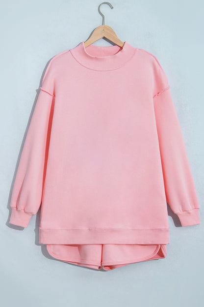 Light Pink High Neck Exposed Seam Drop Shoulder Baggy Pullover Short Set