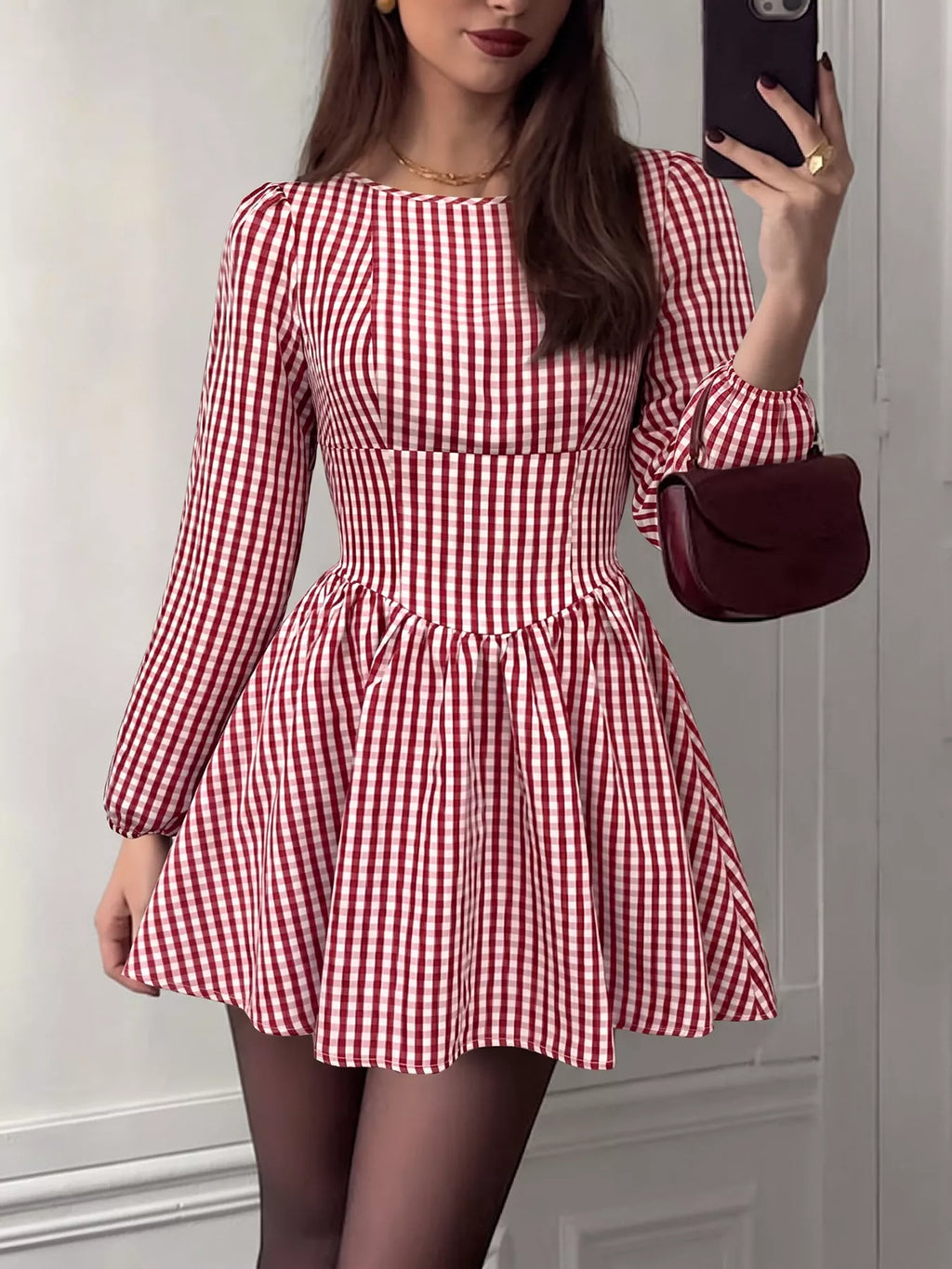 YSONA Backless Plaid Long Sleeve Dress — back view | Women's Dress | Shop YSONA