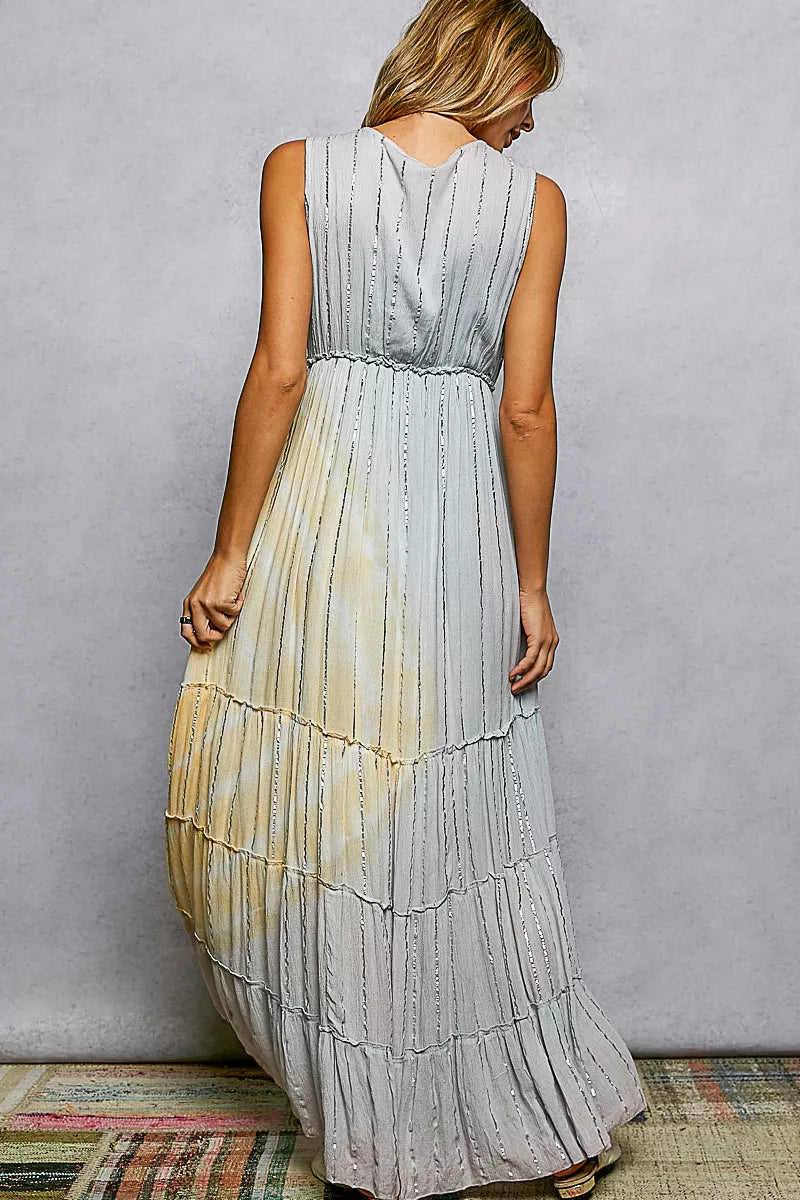 YSONA POL Deep V Sleeveless Cotton Bohemian Tiered Maxi Dress — model wearing | Women's Dress