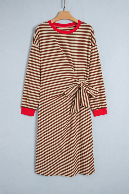 Khaki Stripe Striped Colorblock Cuffs Round Neck Long Sleeve Shift Dress