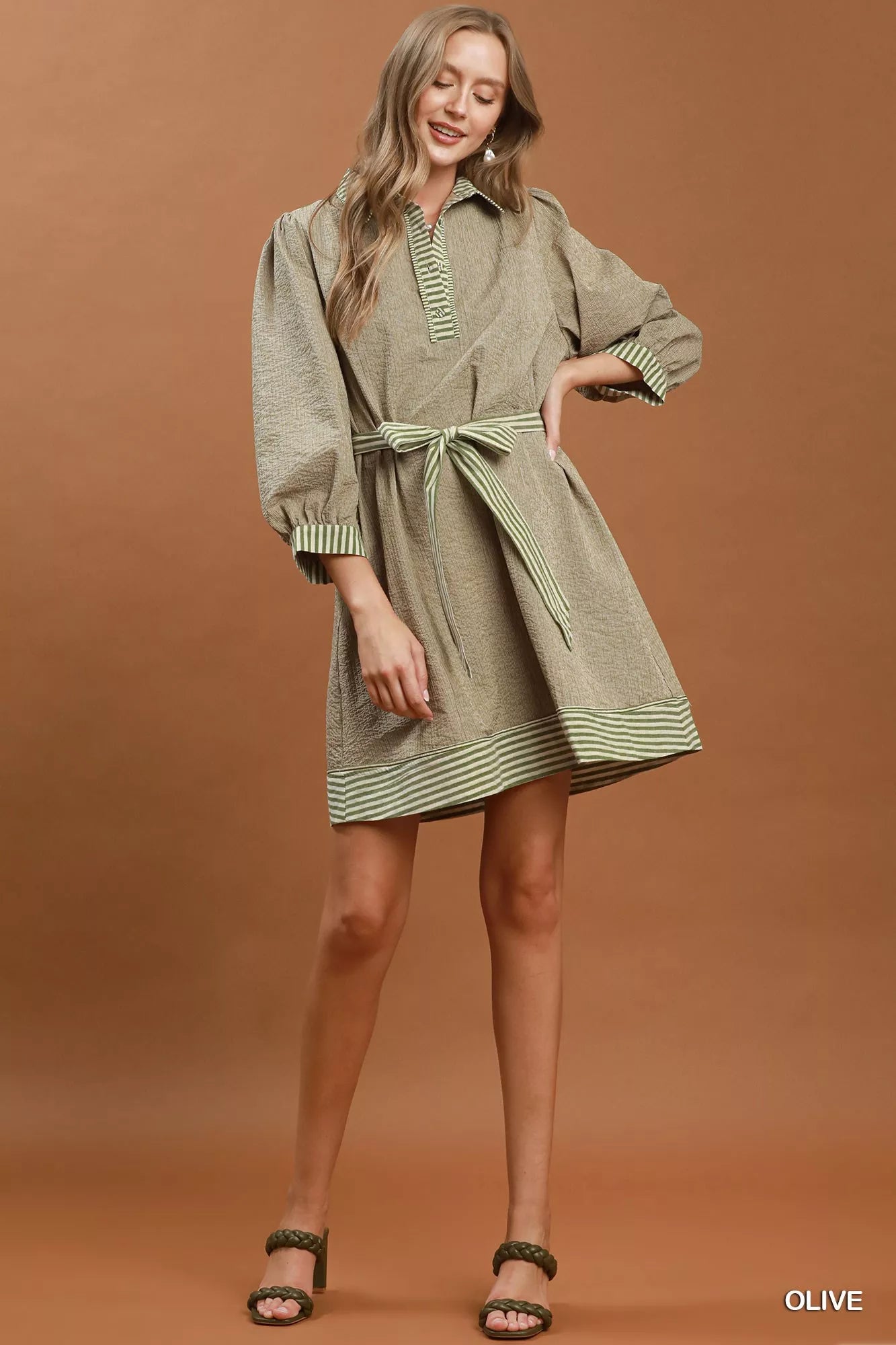 YSONA Umgee Striped Contrast Belted Puff Sleeve Mini Dress — detail view | Women's Dress | Shop YSONA
