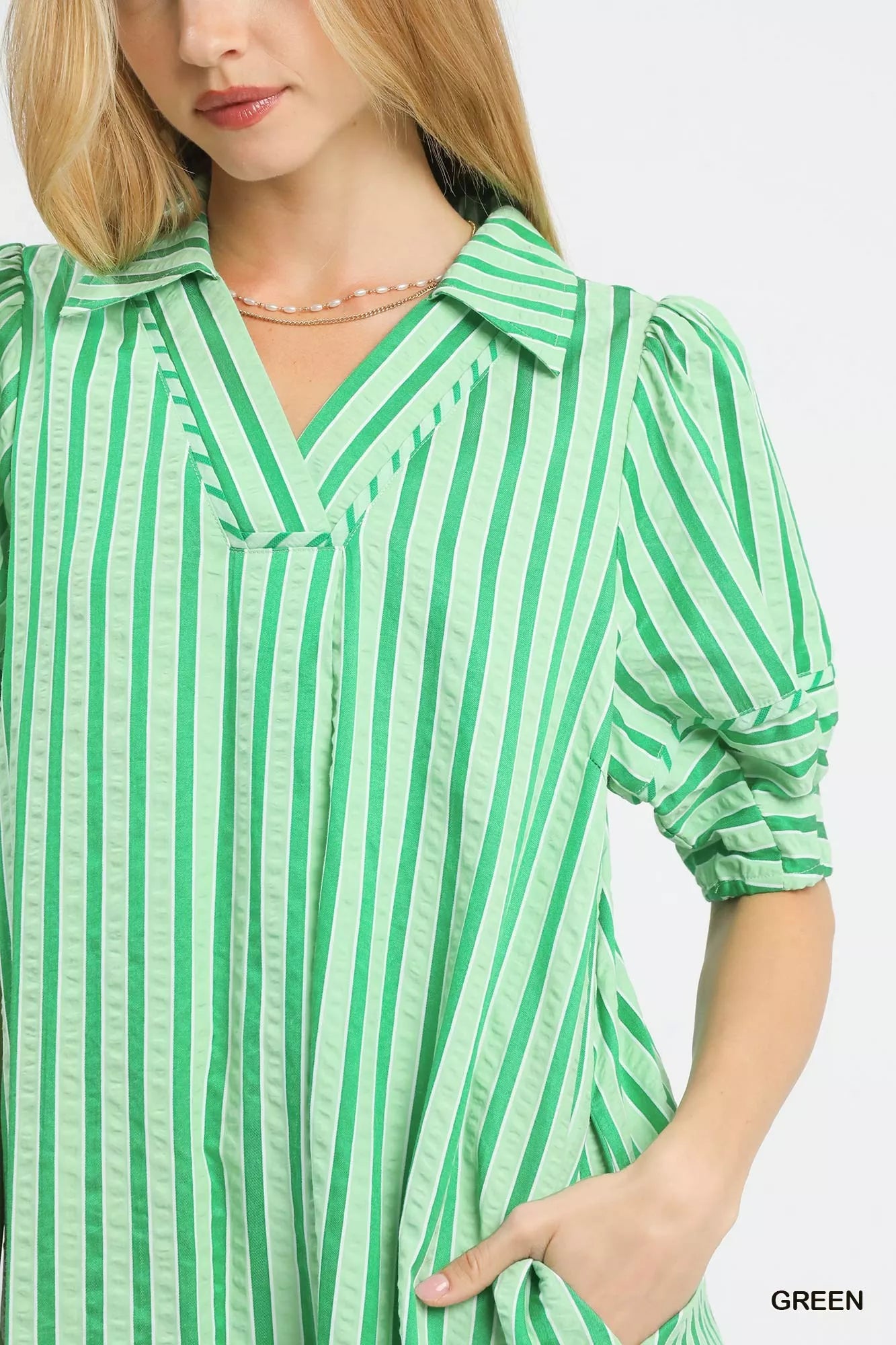 YSONA Umgee Striped Puff Sleeve Midi Dress — detail view | Women's Dress | Shop YSONA
