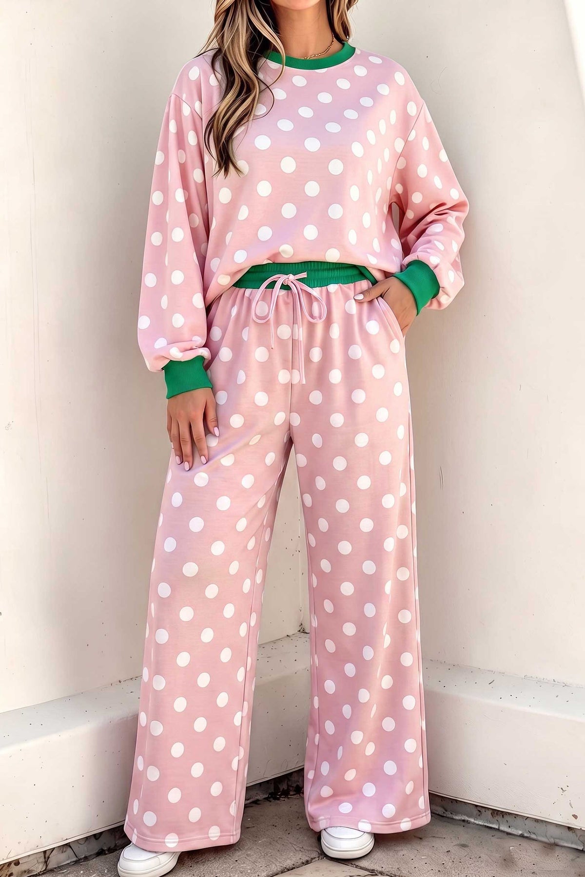 Sky Blue Polka Dot Contrast Trim Long Sleeve Top Drawstring Shift Pants Set