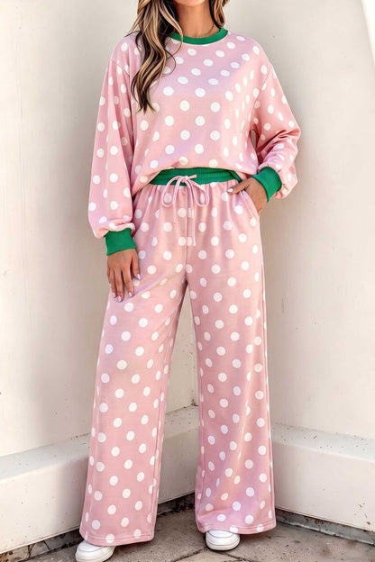 Sky Blue Polka Dot Contrast Trim Long Sleeve Top Drawstring Shift Pants Set