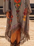 YSONA Fringe Hem Notched Long Sleeve Dress — side view | Women's Dress | Shop YSONA