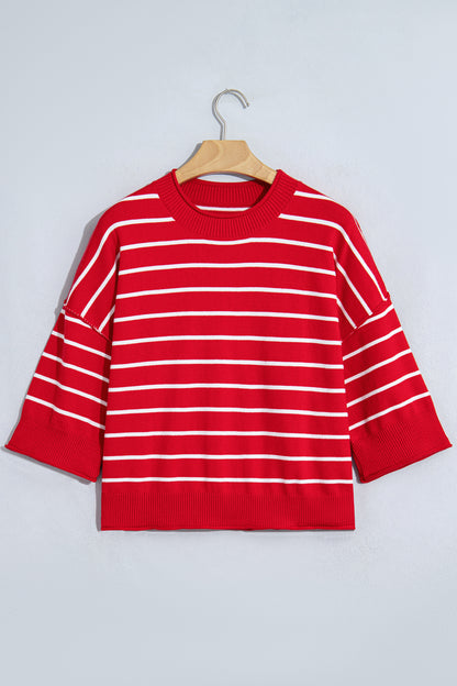 Red Stripe Dropped Shoulder Half Sleeve Relaxed Knit Sweater