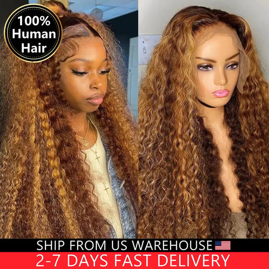 4/27 Highlight Ombre Curly Lace Frontal Wig – 13x4, 13x6 Deep Curly & 4x4, 5x5 Closure, 30–32 Inch