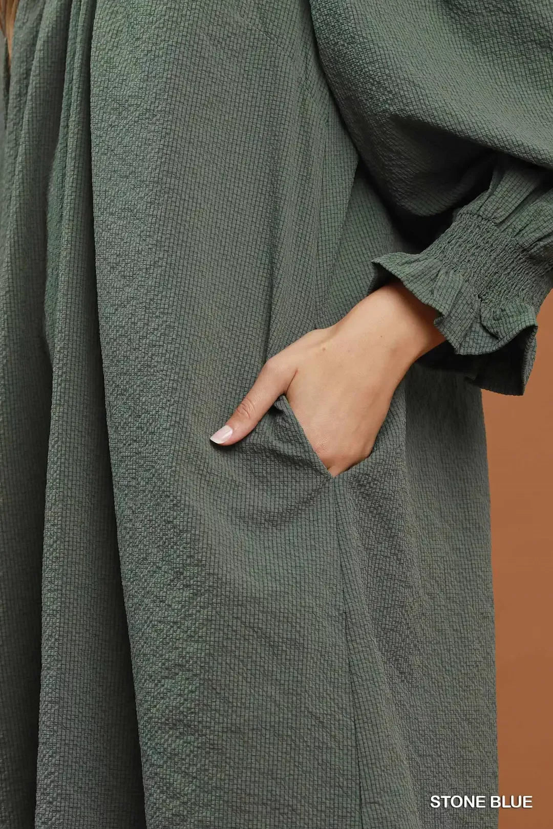 YSONA Umgee Textured Puff Sleeve Mini Dress — close-up view | Women's Dress | Shop YSONA