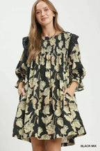 YSONA Umgee Mix Floral Print Smocked Ruffle Detail Flowy Dress — front view | Women's Dress