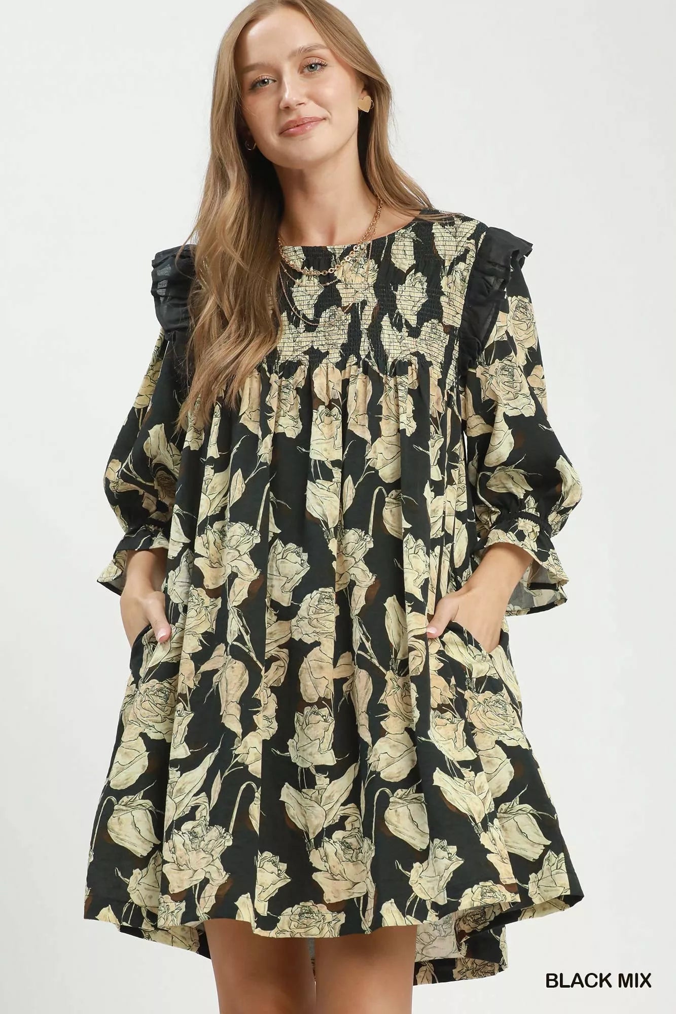 YSONA Umgee Mix Floral Print Smocked Ruffle Detail Flowy Dress — front view | Women's Dress