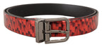 Dolce & Gabbana Red Herringbone Leather Gray Tone Buckle Belt