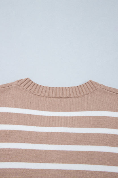 Khaki Stripe Button Down Short Sleeve Knit Plus Size Cardigan