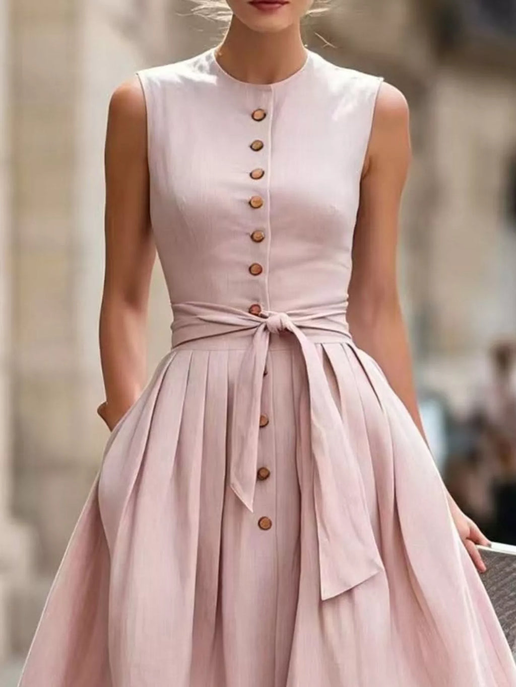 YSONA Full Size Sleeveless Button-Front Belted Midi Dress Plus Size — model wearing | Women's Dress