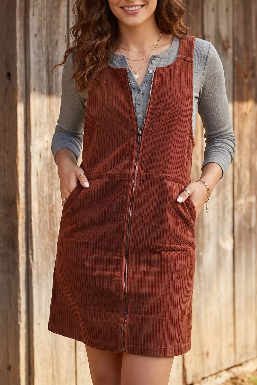 YSONA Ribbed Corduroy Zip-Up Sleeveless Pocket Sheath Dress — model wearing | Women's Dress | Shop YSONA