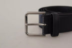 Dolce & Gabbana Blue Black Logo Print Silver Buckle Belt