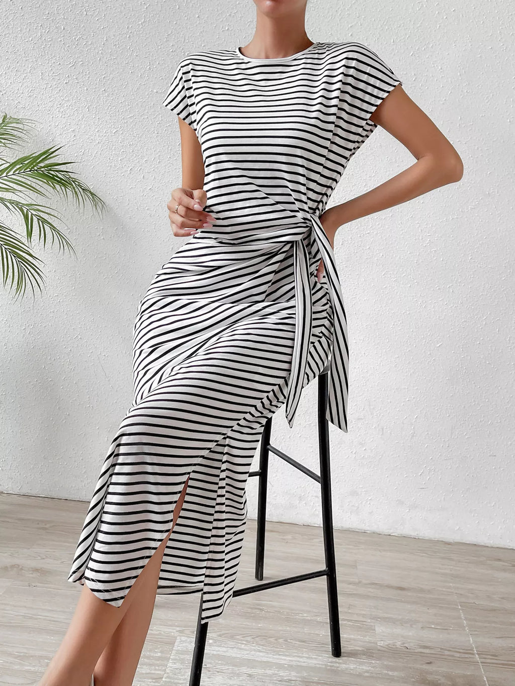 YSONA Striped Tie-Waist Midi Dress — model wearing | Women's Dress | Shop YSONA