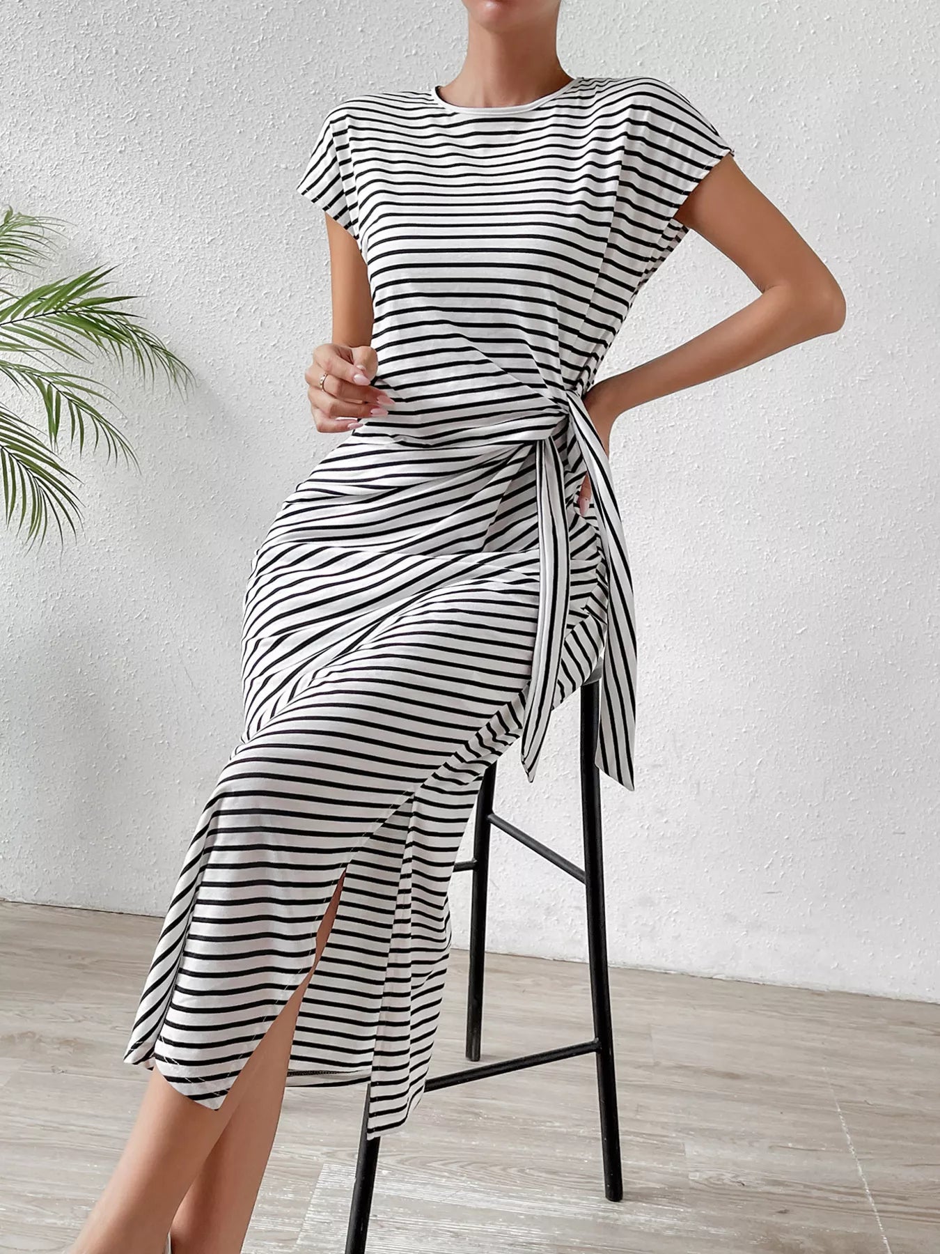 YSONA Striped Tie-Waist Midi Dress — model wearing | Women's Dress | Shop YSONA