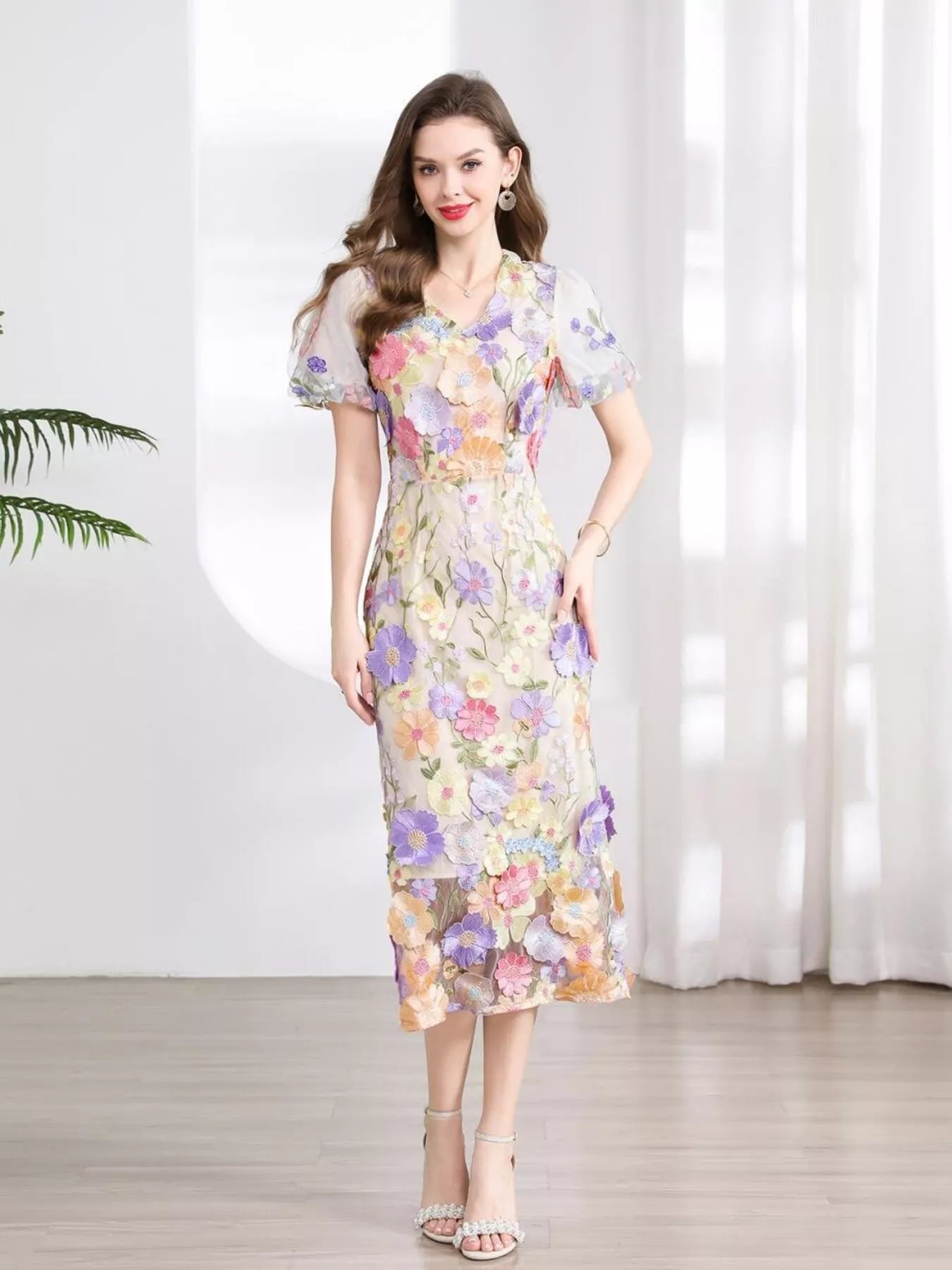 YSONA Floral Embroidered Puff Sleeve Midi Dress — front view | Women's Dress | Shop YSONA