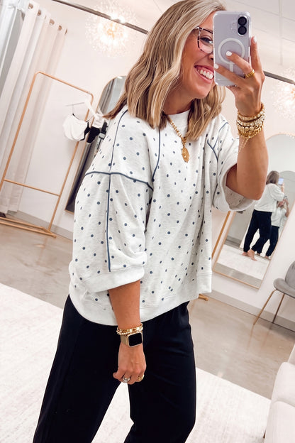 Yellow Polka Dot Print Piping Trim 3/4 Sleeve Relaxed Top