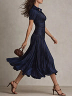 YSONA Pleated Striped Short Sleeve Midi Dress — back view | Women's Dress | Shop YSONA