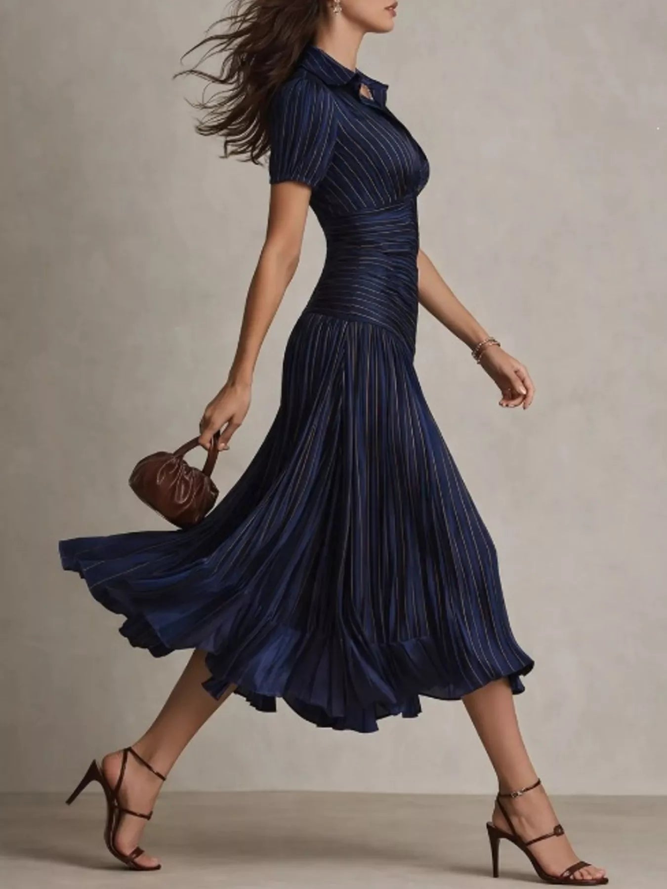 YSONA Pleated Striped Short Sleeve Midi Dress — back view | Women's Dress | Shop YSONA