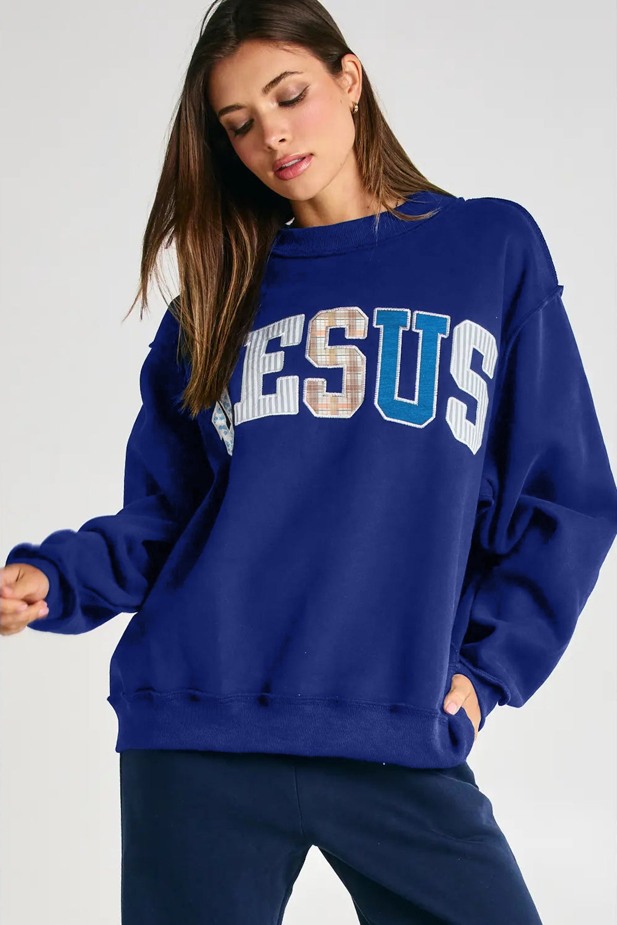 Bonbon WWJD Mixed Pattern Embroidered Patch Graphic Mock Neck Sweatshirt