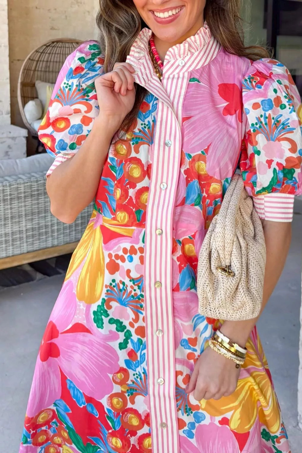 YSONA Floral Print Striped Trim Button Down Short Sleeve Maxi Dress — model wearing | Women's Dress