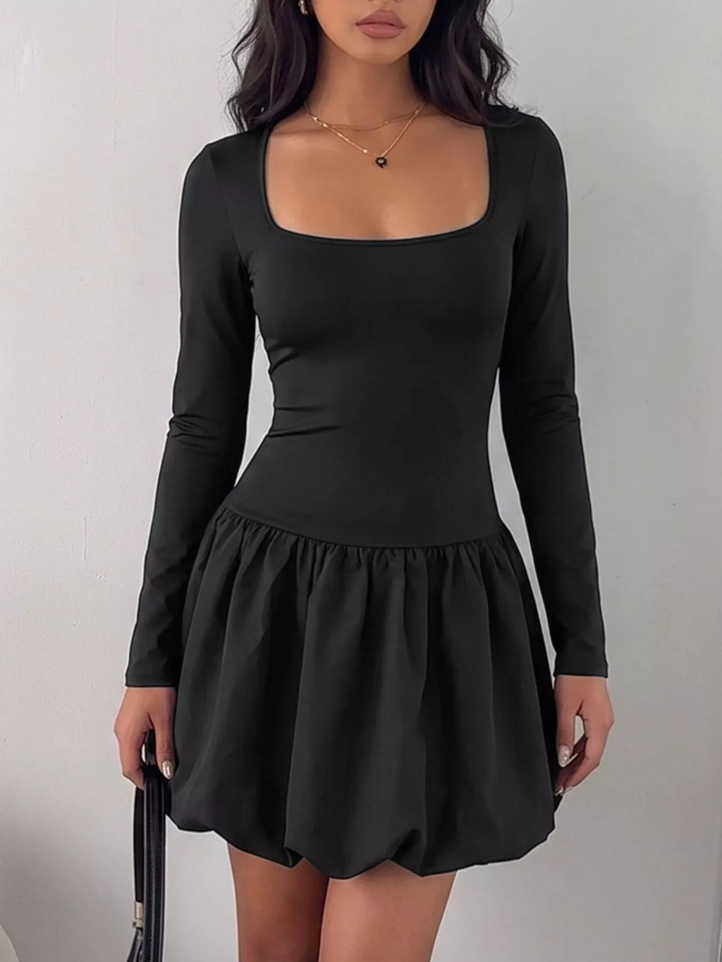 YSONA Square Neck Long Sleeve Bubble Hem Dress — detail view | Women's Dress | Shop YSONA