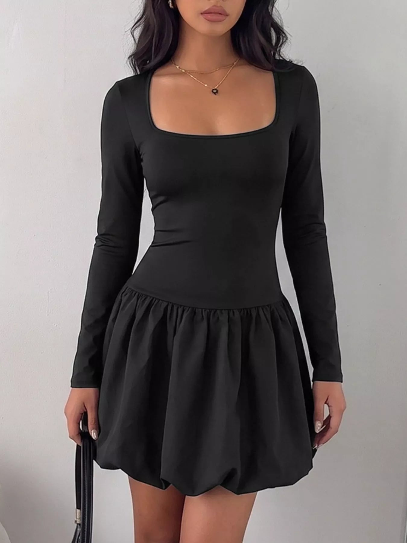 YSONA Square Neck Long Sleeve Bubble Hem Dress — detail view | Women's Dress | Shop YSONA