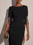 YSONA Slim-Fit Elegant Midi Dress with Beaded Slit Sleeve — model wearing | Women's Dress | Shop YSONA