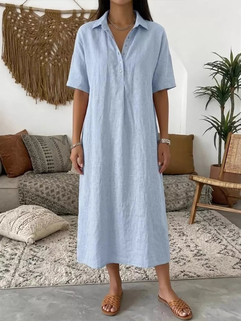 YSONA Full Size Button Detail Half Sleeve Dress Plus Size — front view | Women's Dress