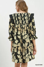YSONA Umgee Mix Floral Print Smocked Ruffle Detail Flowy Dress — side view | Women's Dress