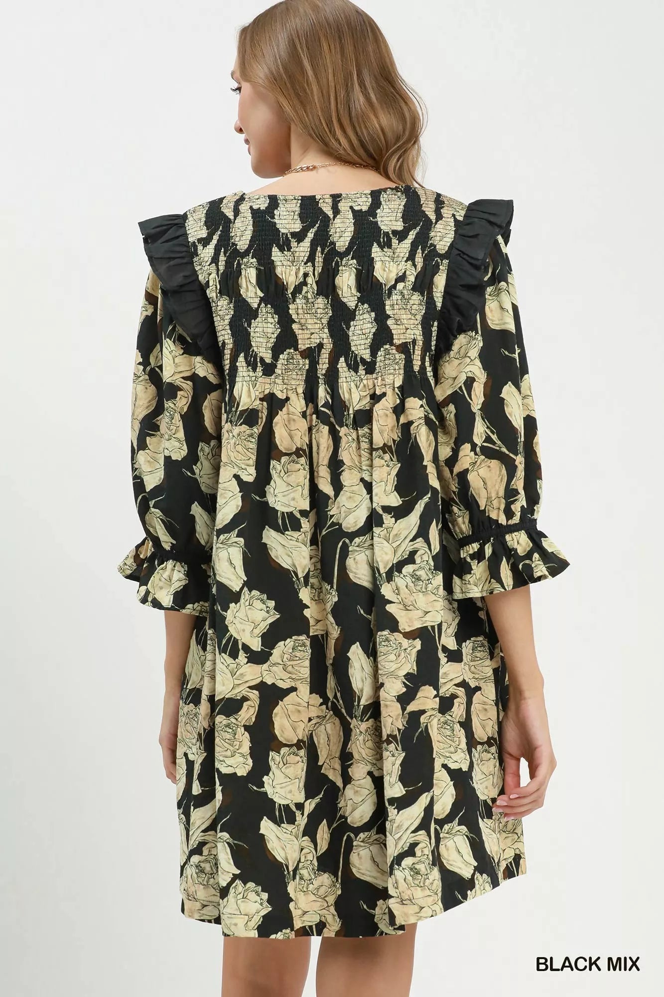 YSONA Umgee Mix Floral Print Smocked Ruffle Detail Flowy Dress — side view | Women's Dress