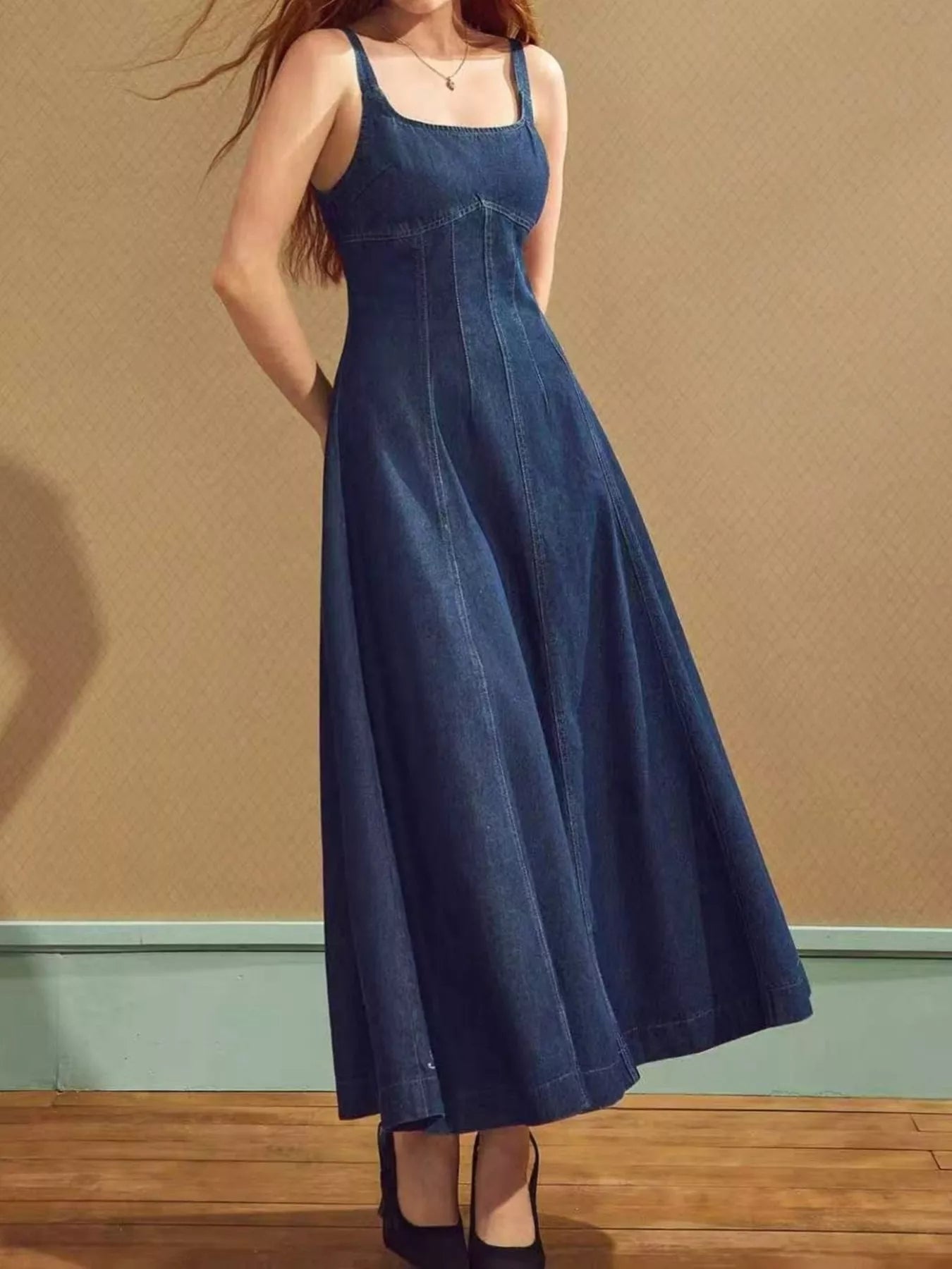 YSONA Square Neck A-Line Denim Dress — side view | Women's Dress | Shop YSONA