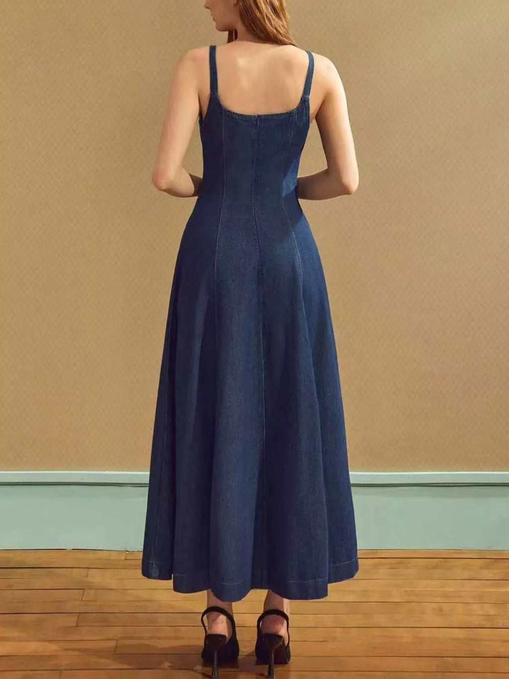 YSONA Square Neck A-Line Denim Dress — detail view | Women's Dress | Shop YSONA