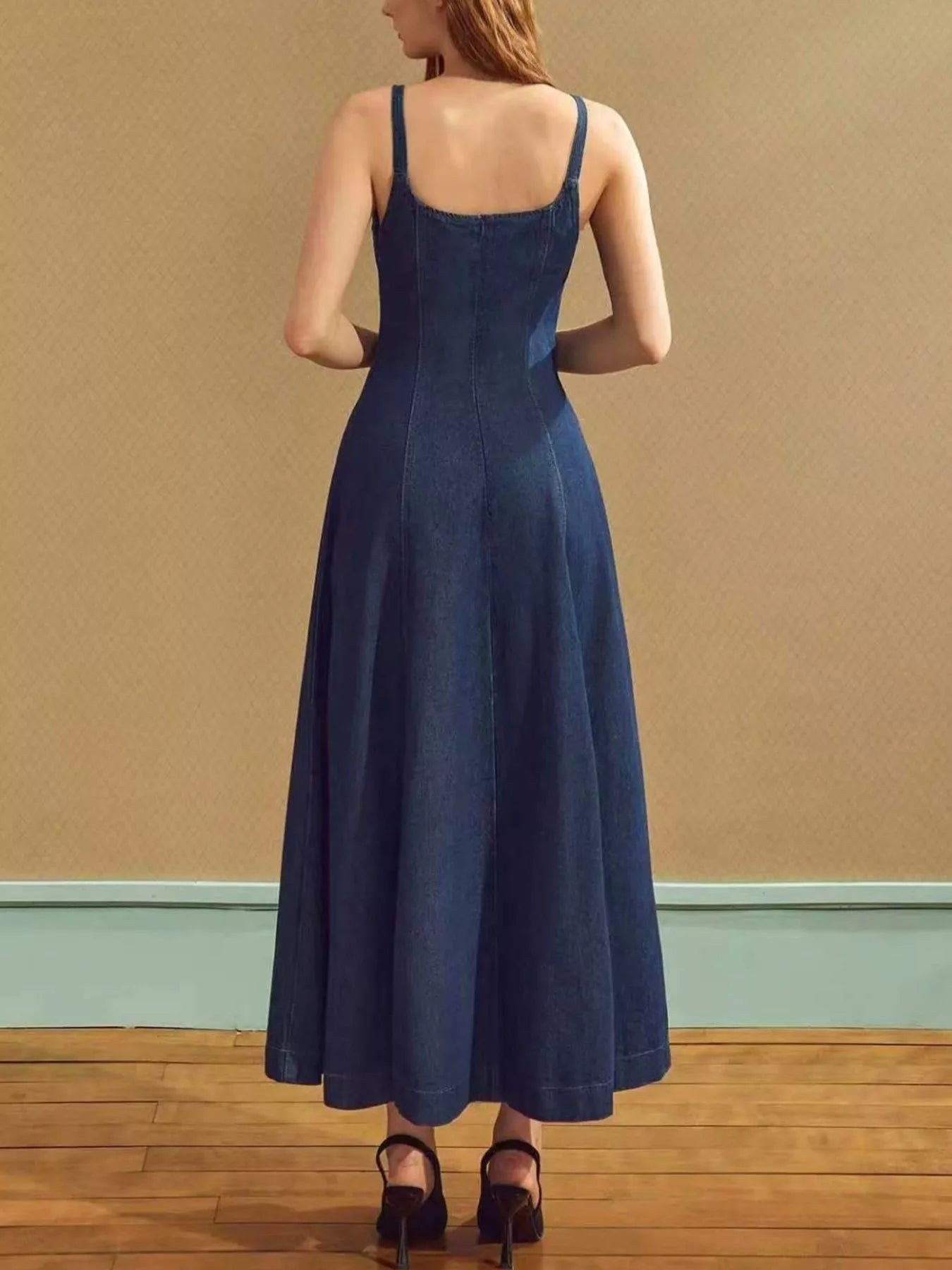 YSONA Square Neck A-Line Denim Dress — detail view | Women's Dress | Shop YSONA