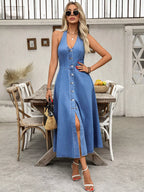 YSONA Halter Neck Button-Down Denim Dress — model wearing | Women's Dress | Shop YSONA