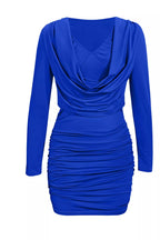 YSONA Ruched Cowl Neck Long Sleeve Mini Dress — full length view | Women's Dress | Shop YSONA