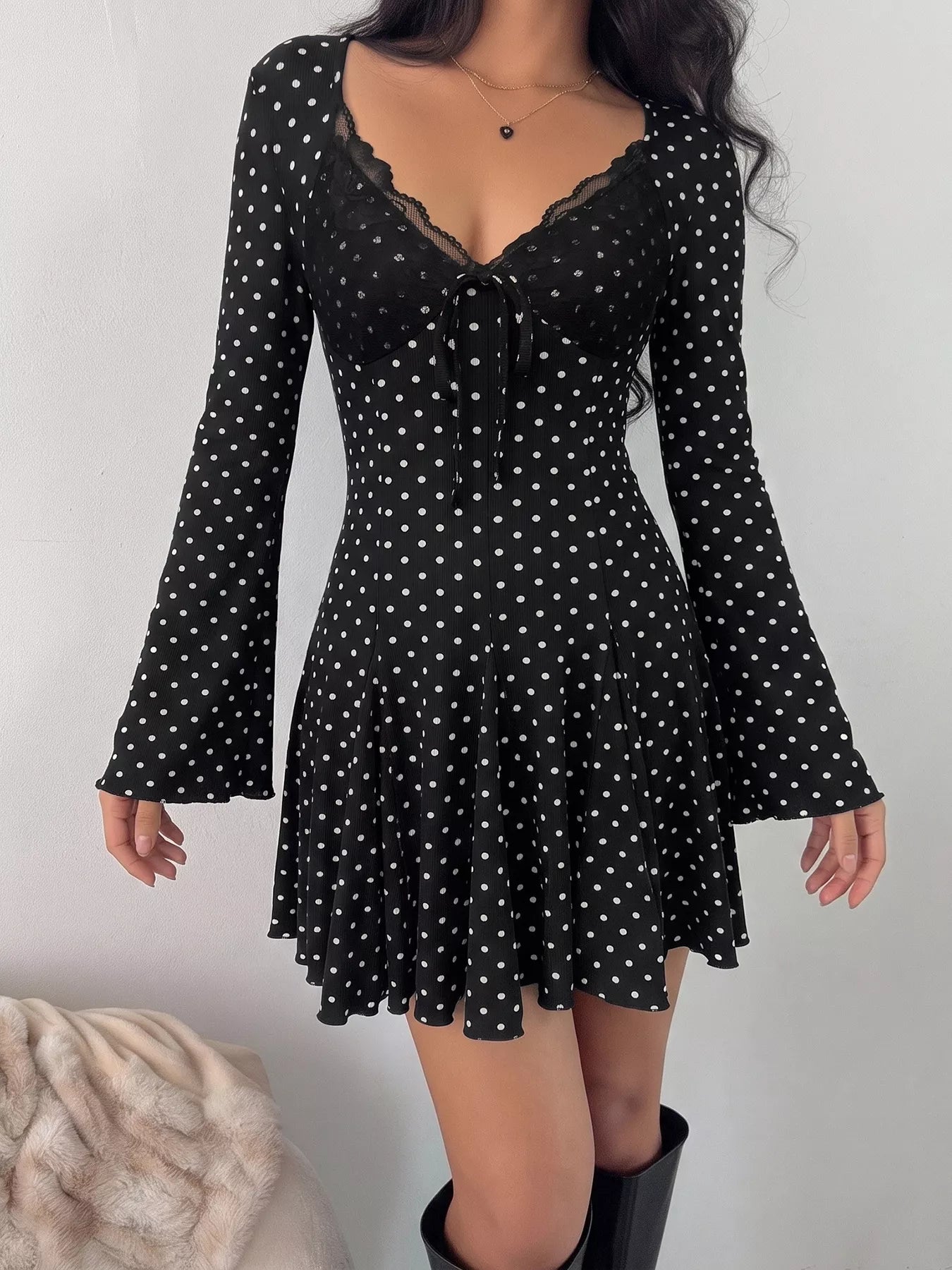 YSONA Polka Dot Lace Trimmed V-Neck Mini Dress — side view | Women's Dress | Shop YSONA