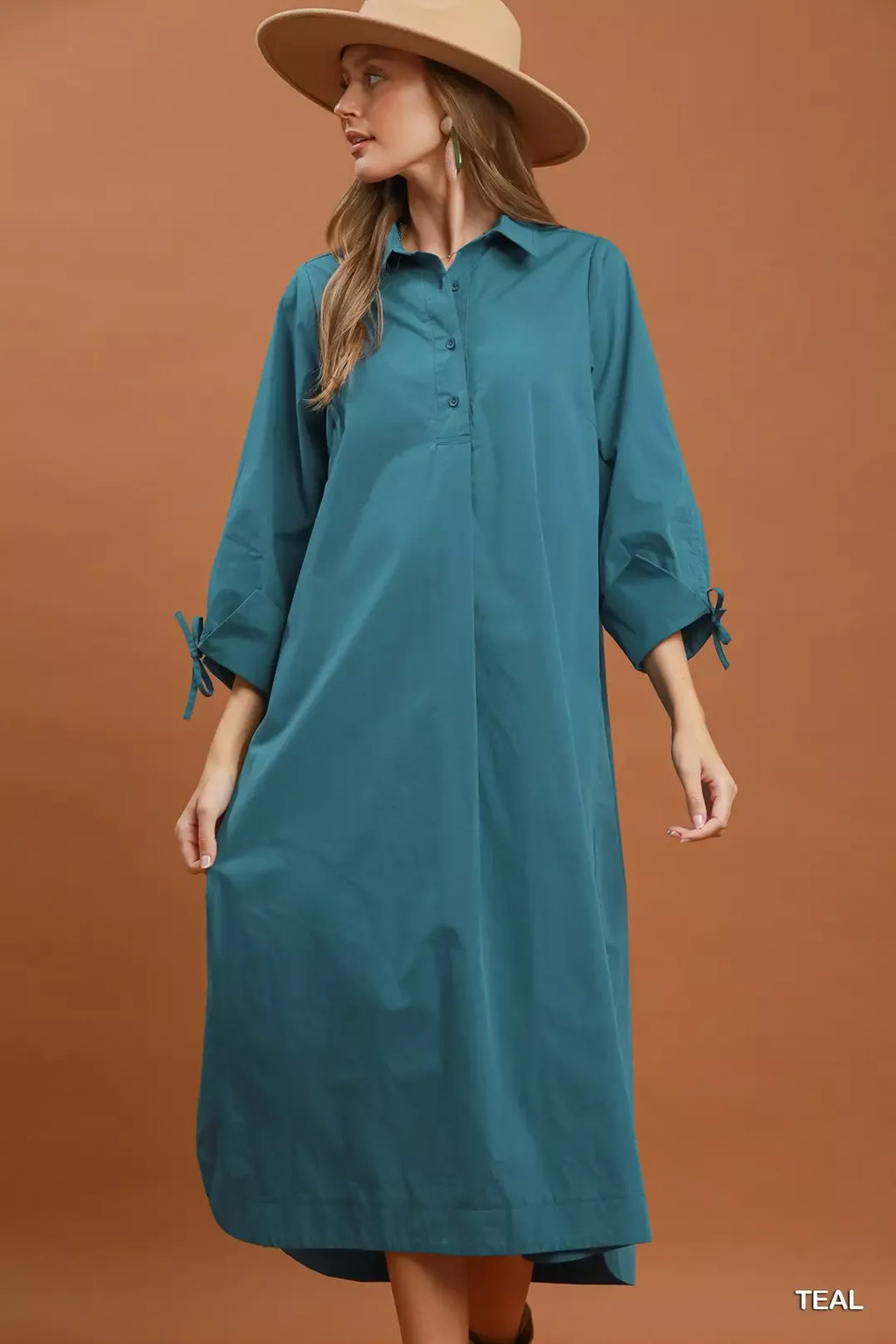 YSONA Umgee Collared Button Detail Relaxed Midi Dress — model wearing | Women's Dress | Shop YSONA
