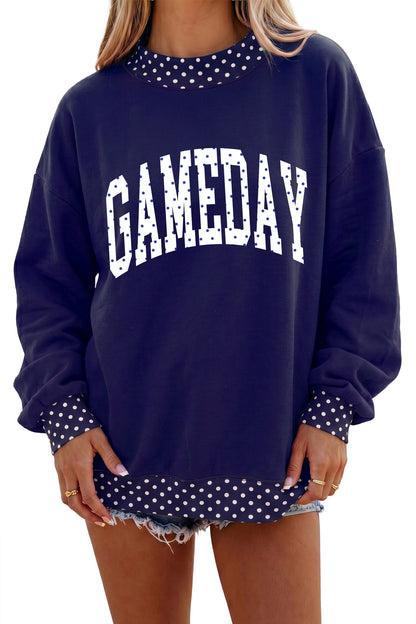 Dark Blue Polka Dot Trim Game Day Letter Print Tunic Graphic Sweatshirt